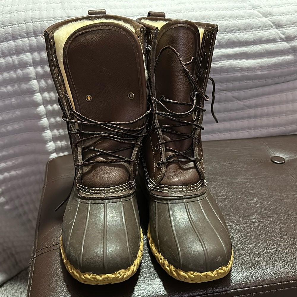 LL Bean Women’s 10” Shearling Lined, leather, waterproof Bean boots.